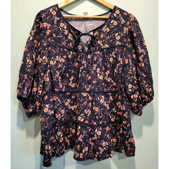 Old Navy Black Pink Floral Tie Neck Puff Sleeve Peasant Top Sz 3X - Picture 1 of 3